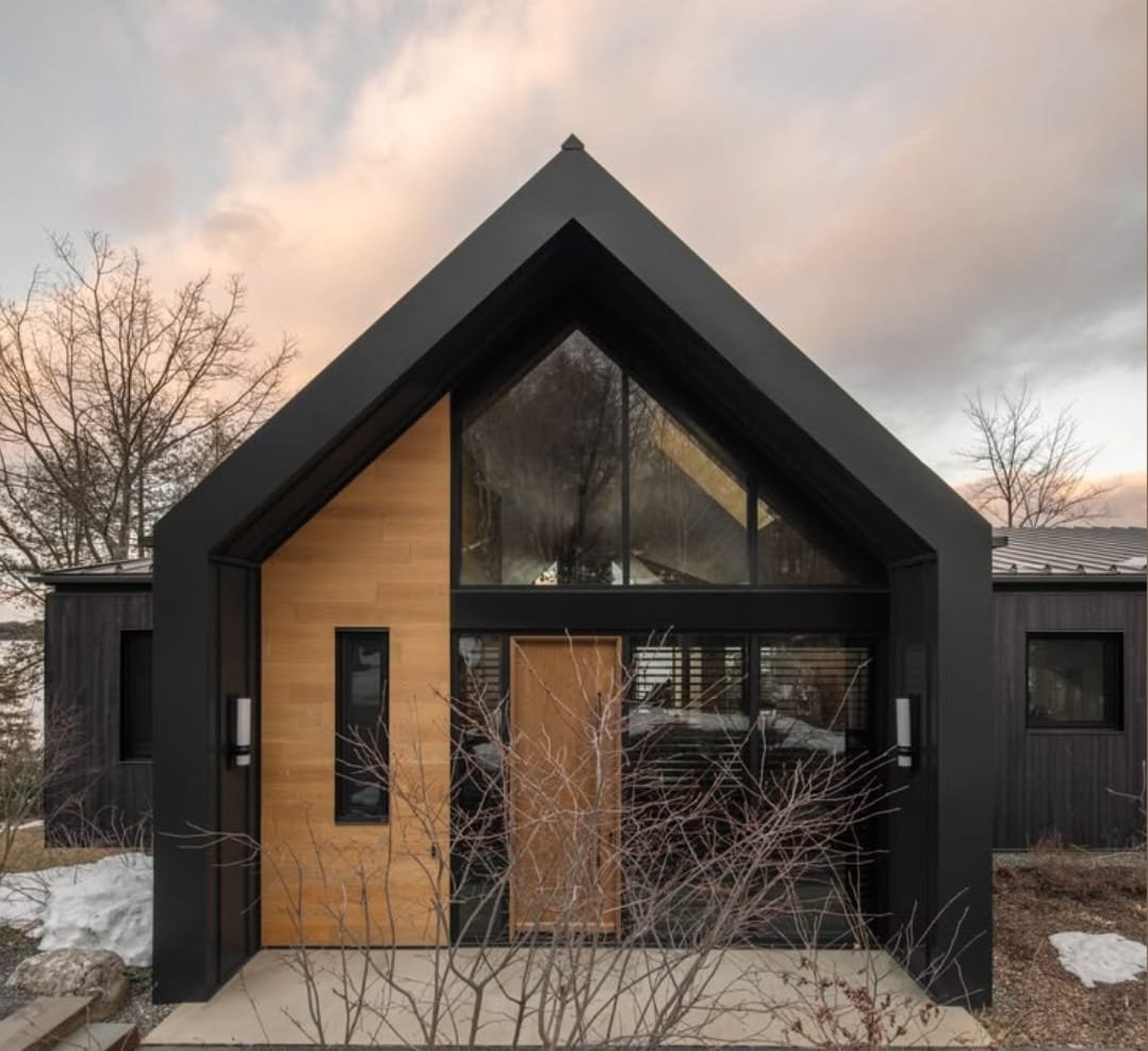 Black-and-timber gable, dusk light